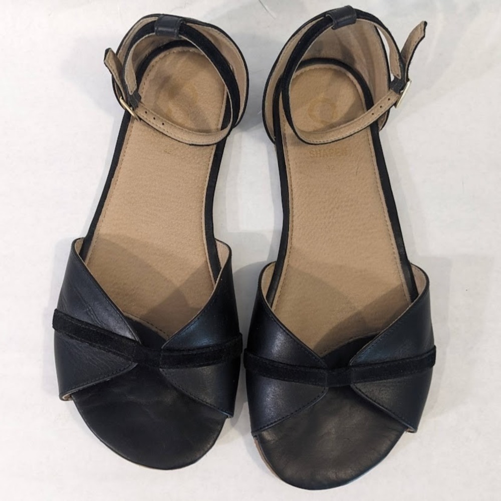 Shapen Poppy Black Leather Barefoot Sandals Women 42 Minimalist Ankle Strap Flat - Picture 2 of 13